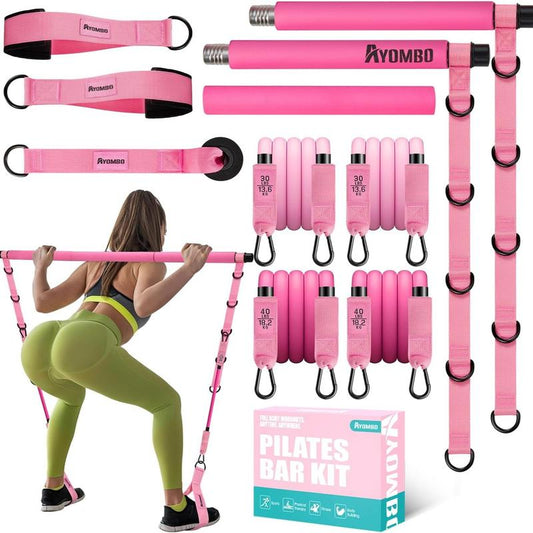 Pilates Bar Kit with Resistance Bands, Upgraded Multifunctional Screw Yoga Pilates Bar with Metal Adjustment Buckle, Portable Home Gym Pilates Bar for Women Full Body Workout Equipment Pink Pilates Bar Gradient Cotton Yoga Mat Strap Extra-Thick Non-Slip